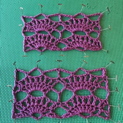 two crochet lace gauge swatches for Cardi wrap crochet pattern