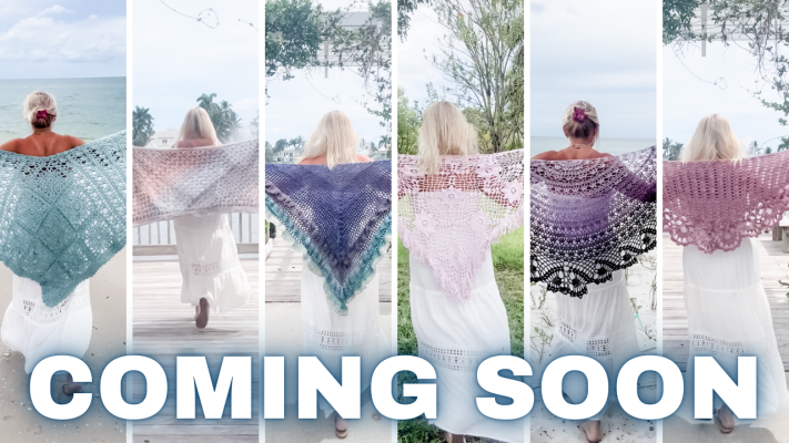 collage of the 6 sea glass shawl collection coming soon