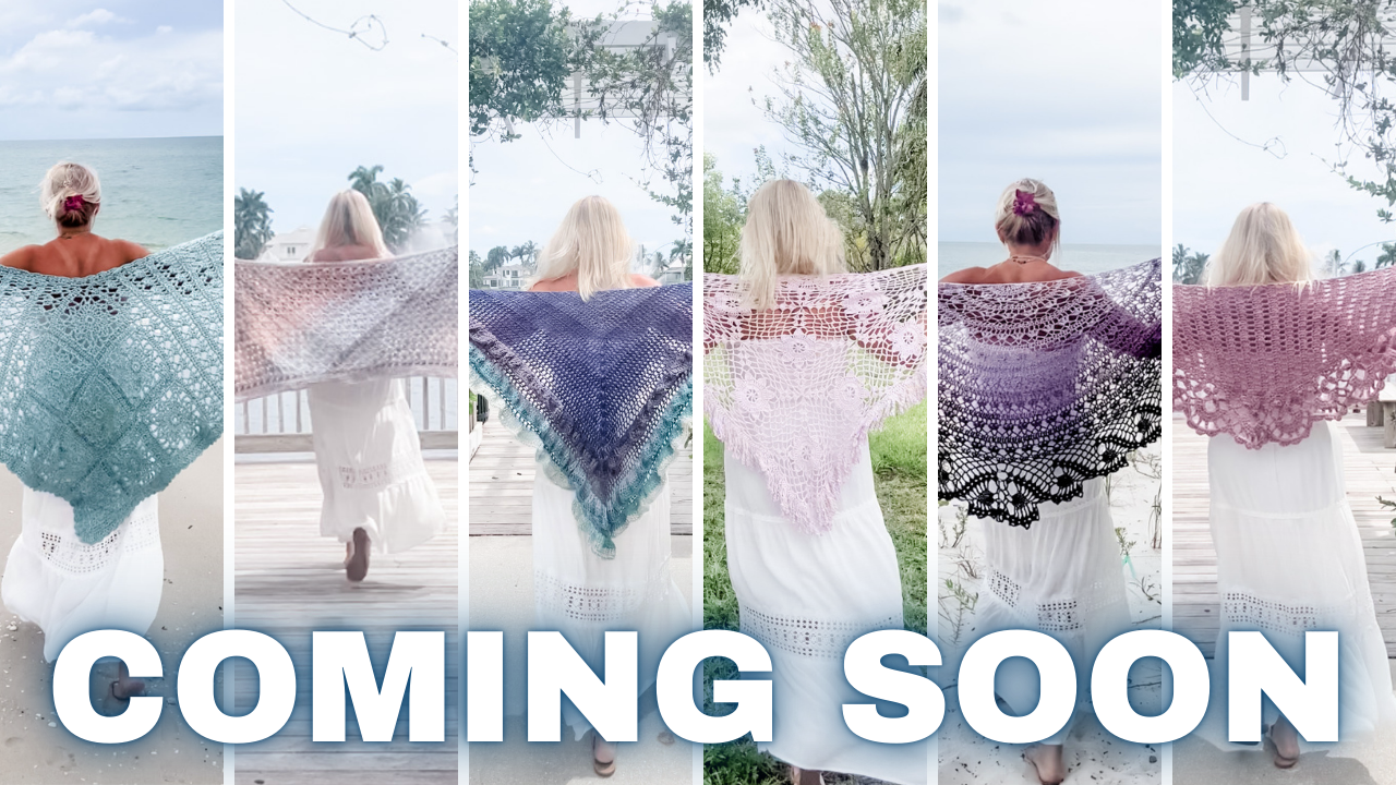 collage of the 6 sea glass shawl collection coming soon