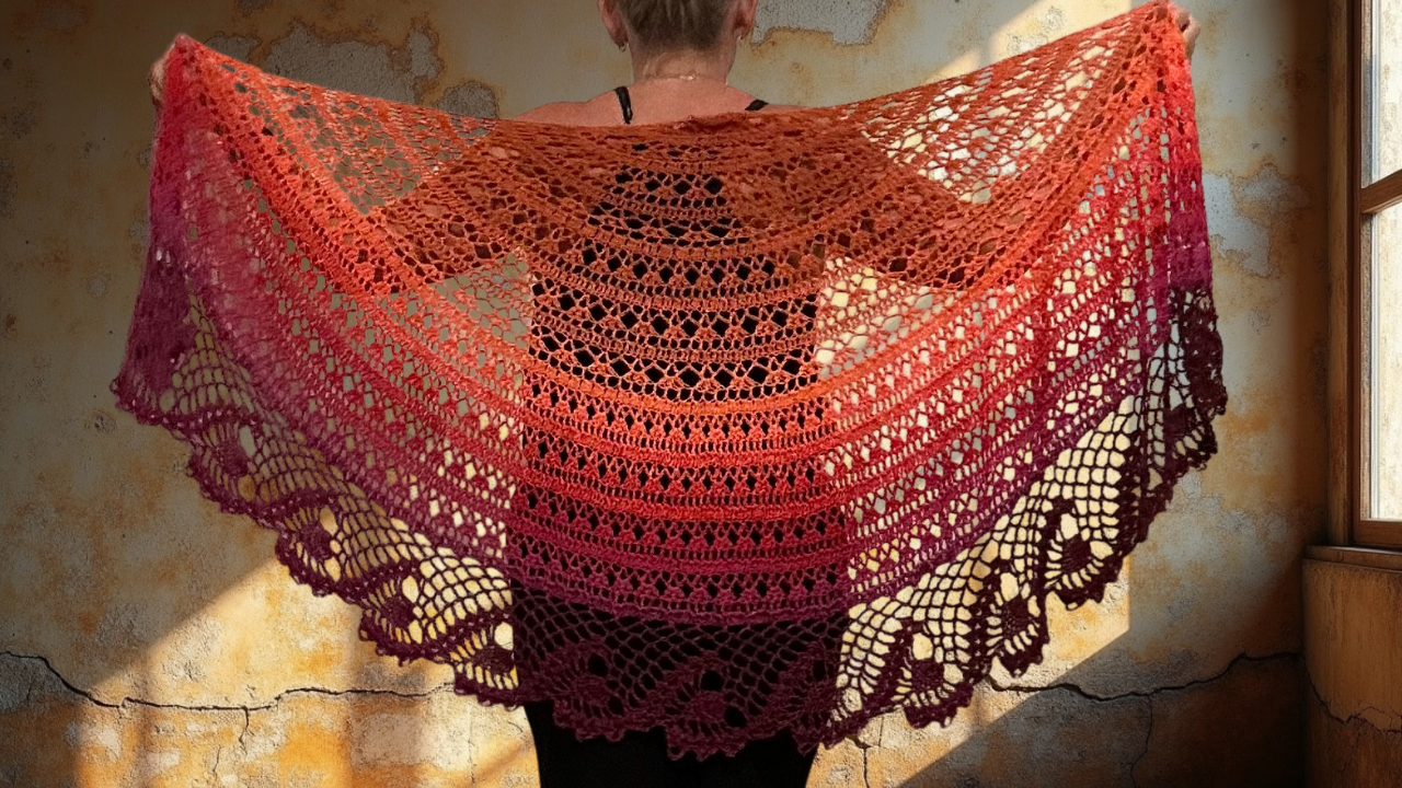 Ember rise free crochet shawl pattern by Kristin Omdahl